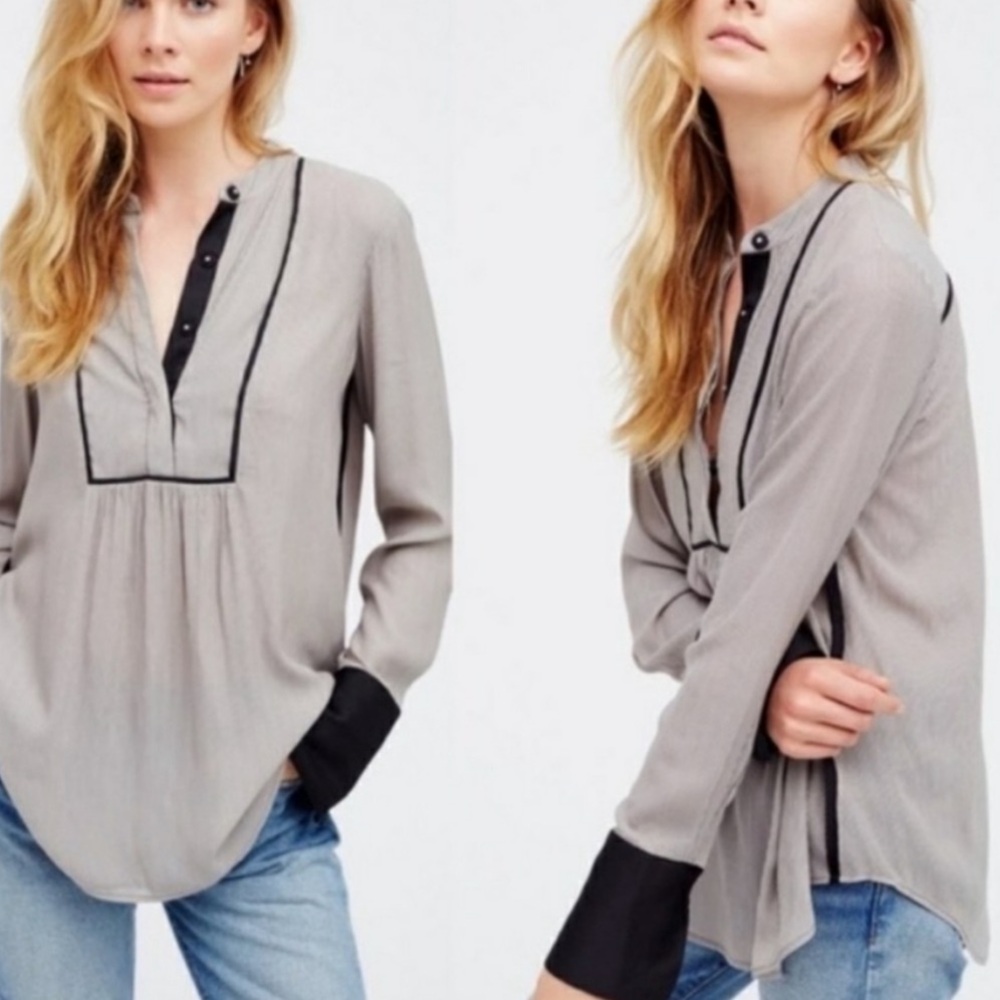 FREE PEOPLE Crepe Stripe Tunic Blouse Parisian Minimalist Capsule Boho | Size M - Picture 11 of 13